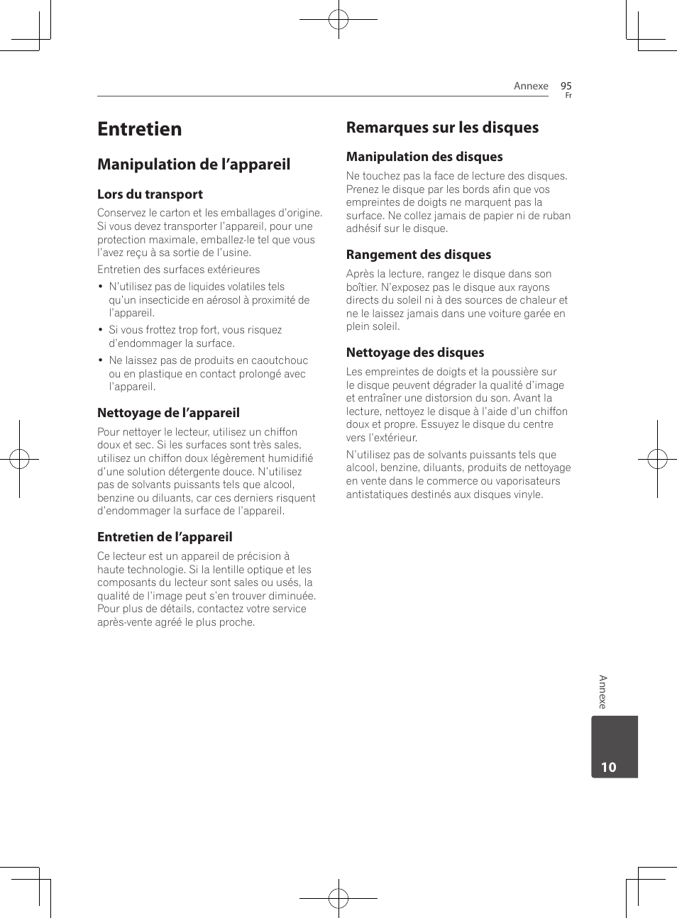 95 entretien 95, Manipulation de l’appareil, Remarques sur les disques | Entretien | Pioneer BCS-727 User Manual | Page 191 / 588