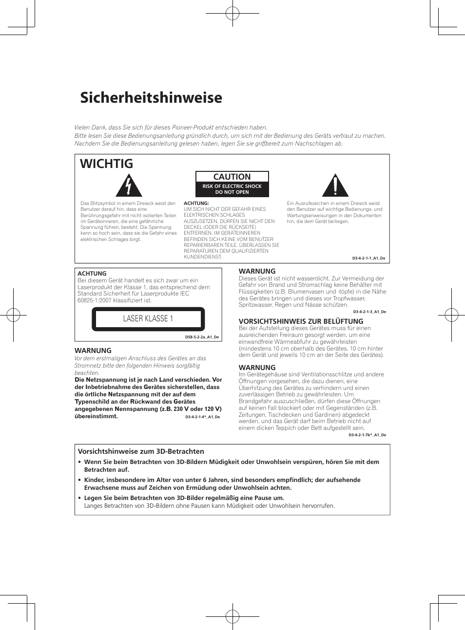 Sicherheitshinweise, Wichtig, Caution | Laser klasse 1 | Pioneer BCS-727 User Manual | Page 202 / 588