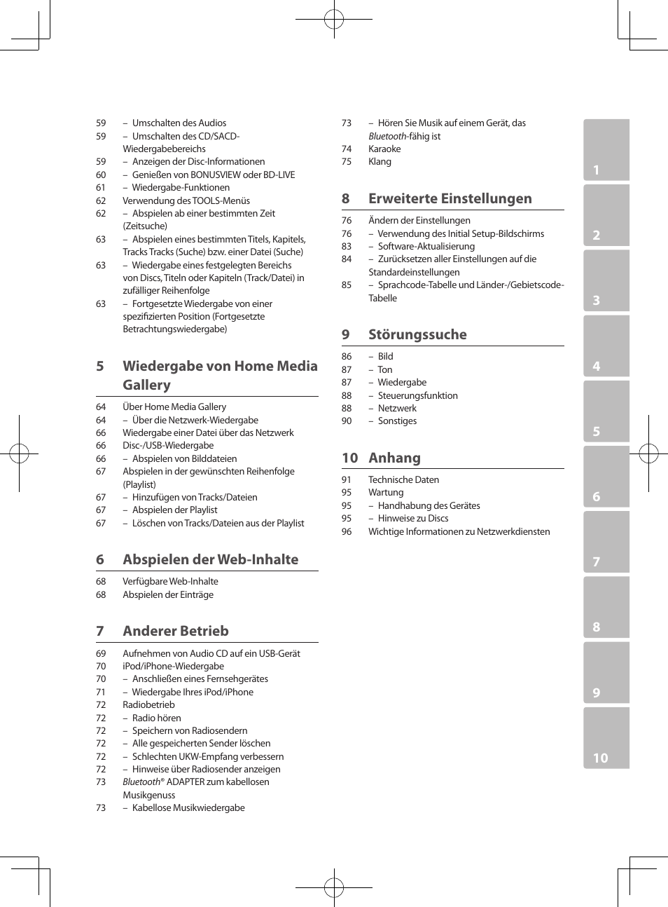 5 wiedergabe von home media gallery, 6 abspielen der web-inhalte, 7 anderer betrieb | 8 erweiterte einstellungen, 9 störungssuche, 10 anhang | Pioneer BCS-727 User Manual | Page 207 / 588