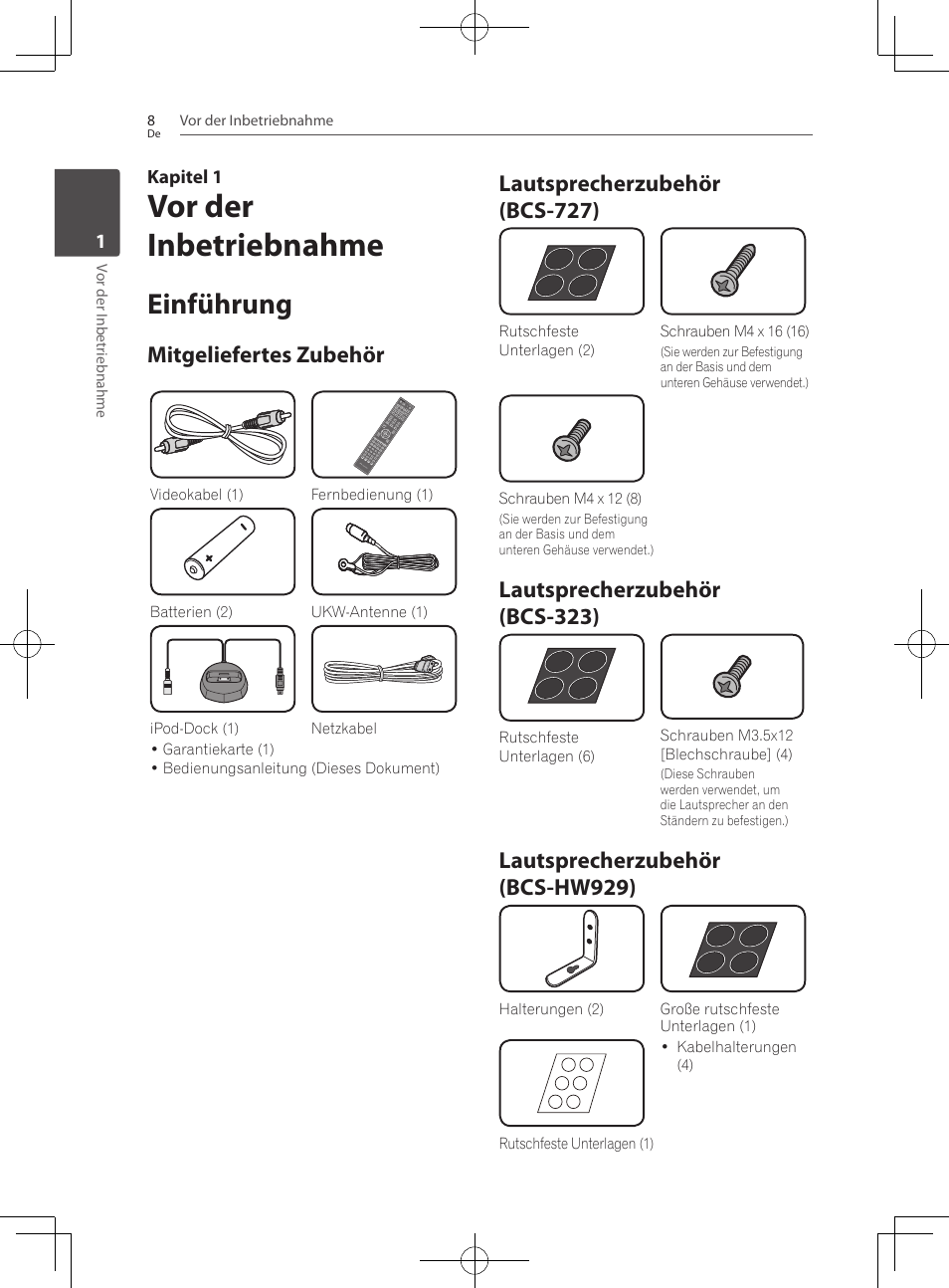 8 einführung 8, Mitgeliefertes zubehör, Lautsprecherzubehör (bcs-727) | Lautsprecherzubehör (bcs-323), Lautsprecherzubehör (bcs-hw929), Vor der inbetriebnahme, Einführung | Pioneer BCS-727 User Manual | Page 208 / 588