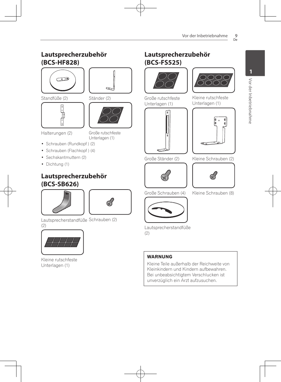 Lautsprecherzubehör (bcs-hf828), Lautsprecherzubehör (bcs-sb626), Lautsprecherzubehör (bcs-fs525) | Pioneer BCS-727 User Manual | Page 209 / 588