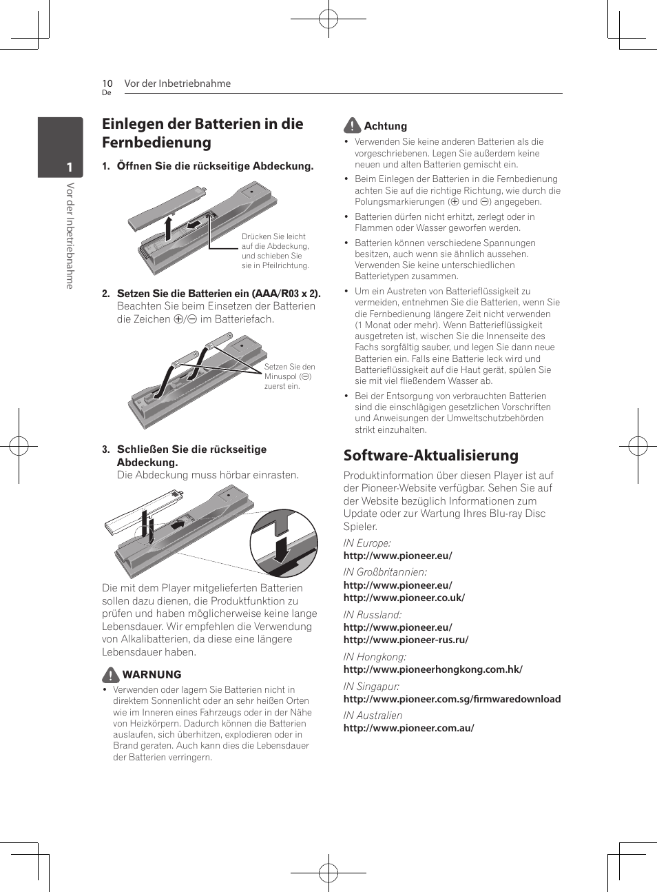 Einlegen der batterien in die fernbedienung, 10 – software-aktualisierung, Software-aktualisierung | Pioneer BCS-727 User Manual | Page 210 / 588