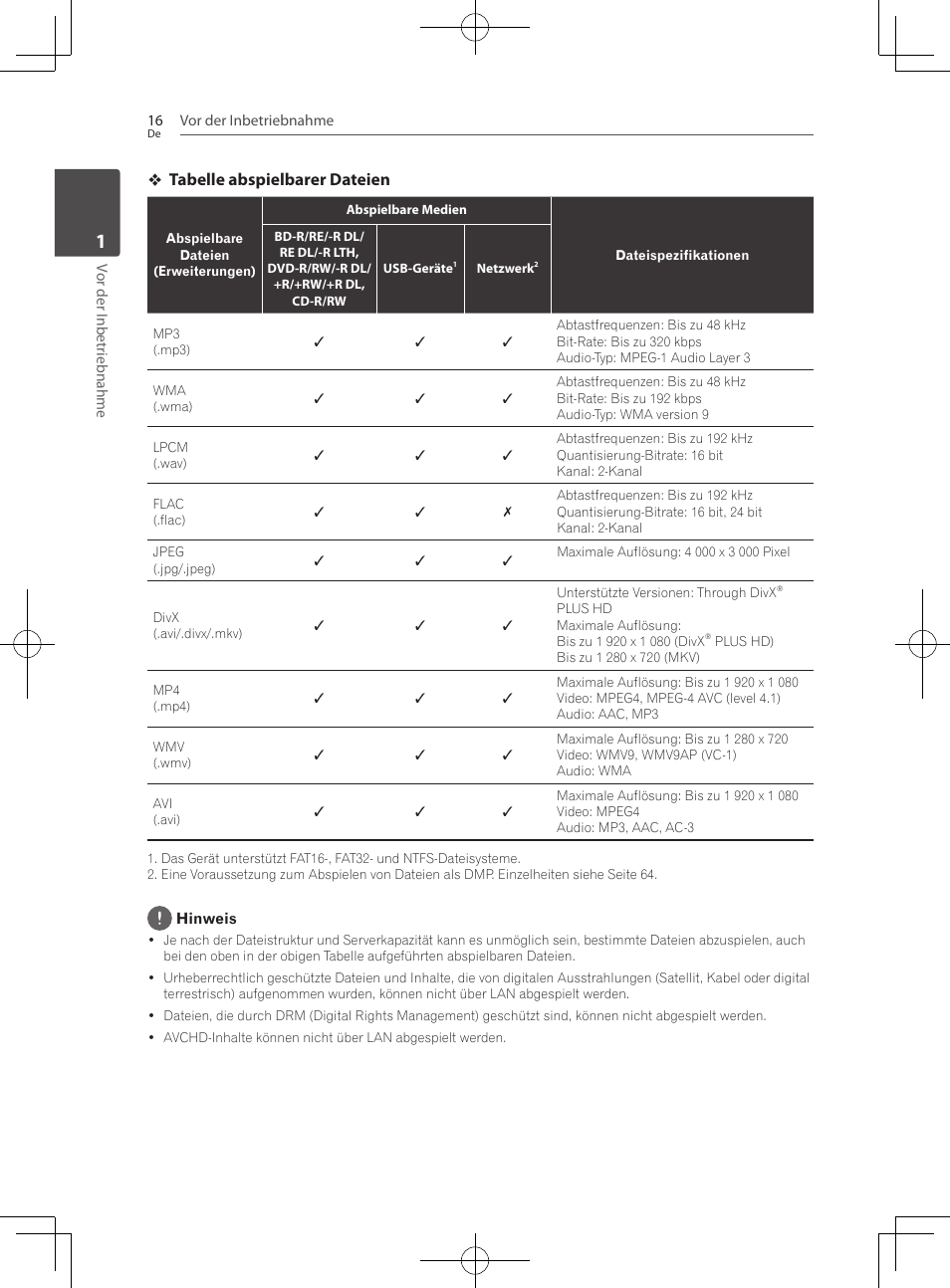 Tabelle abspielbarer dateien | Pioneer BCS-727 User Manual | Page 216 / 588