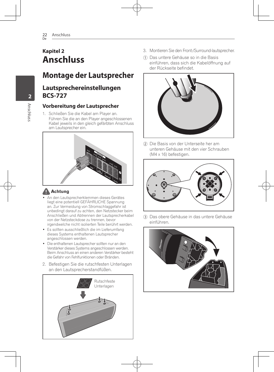 Montage der lautsprecher, Lautsprechereinstellungen bcs-727, Anschluss | Kapitel 2, Vorbereitung der lautsprecher | Pioneer BCS-727 User Manual | Page 222 / 588