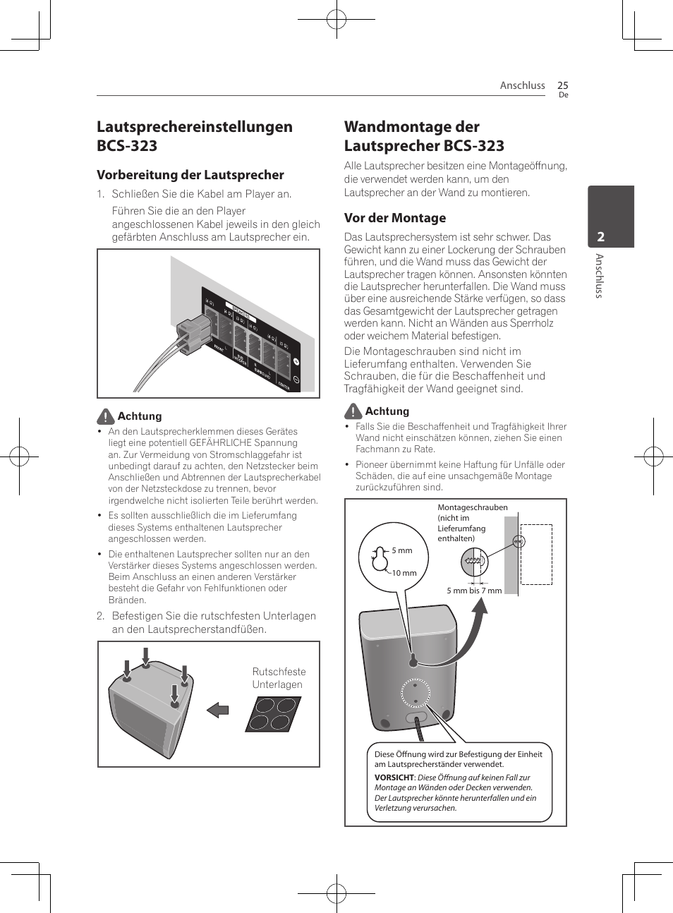 Lautsprechereinstellungen bcs-323, Wandmontage der lautsprecher bcs-323, Vorbereitung der lautsprecher | Vor der montage | Pioneer BCS-727 User Manual | Page 225 / 588