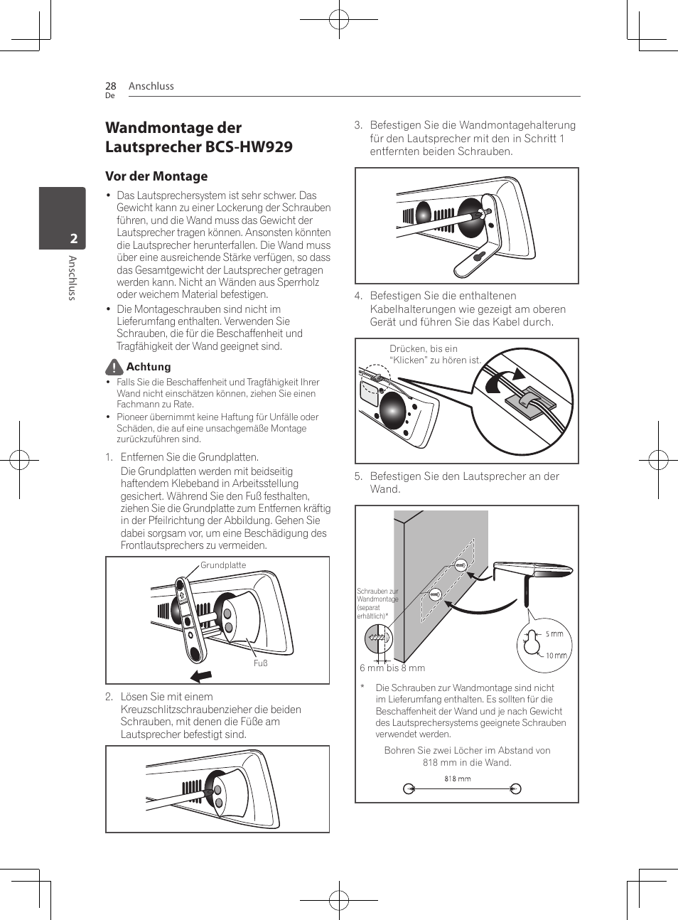 Wandmontage der lautsprecher bcs-hw929, Vor der montage | Pioneer BCS-727 User Manual | Page 228 / 588