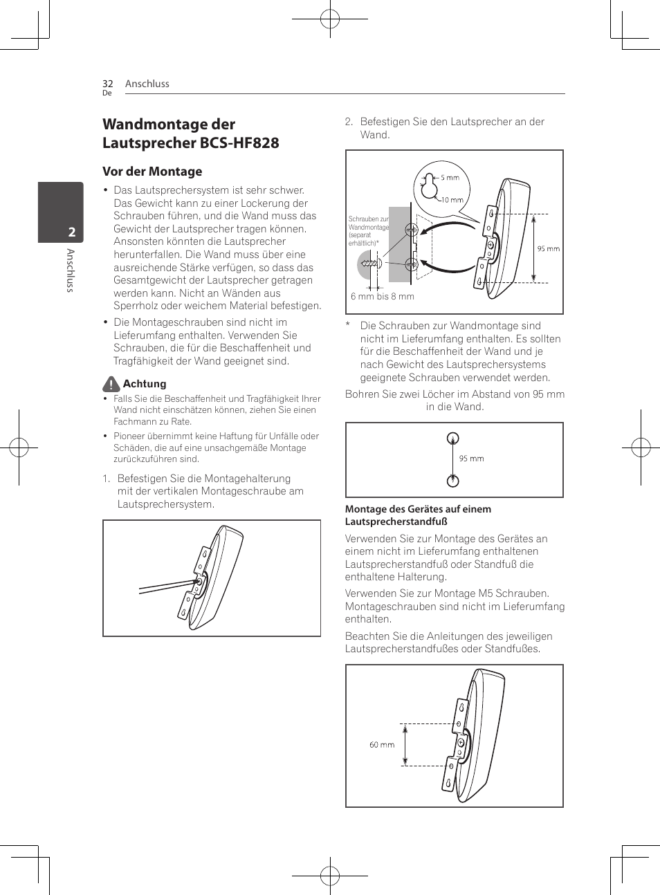 Wandmontage der lautsprecher bcs-hf828, Vor der montage | Pioneer BCS-727 User Manual | Page 232 / 588