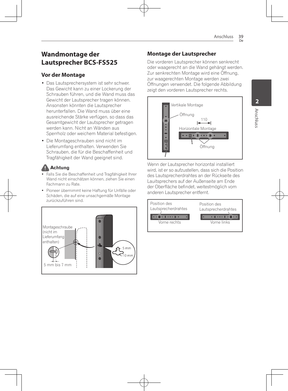 Wandmontage der lautsprecher bcs-fs525, Vor der montage, Montage der lautsprecher | Pioneer BCS-727 User Manual | Page 239 / 588