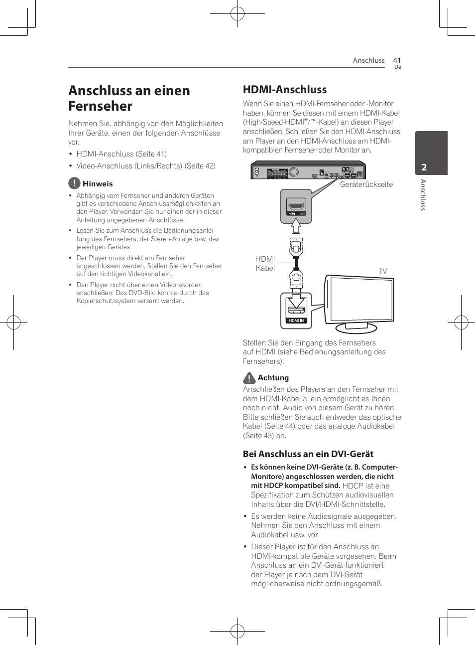 Anschluss an einen fernseher, 41 – hdmi-anschluss, Hdmi-anschluss | Bei anschluss an ein dvi-gerät | Pioneer BCS-727 User Manual | Page 241 / 588