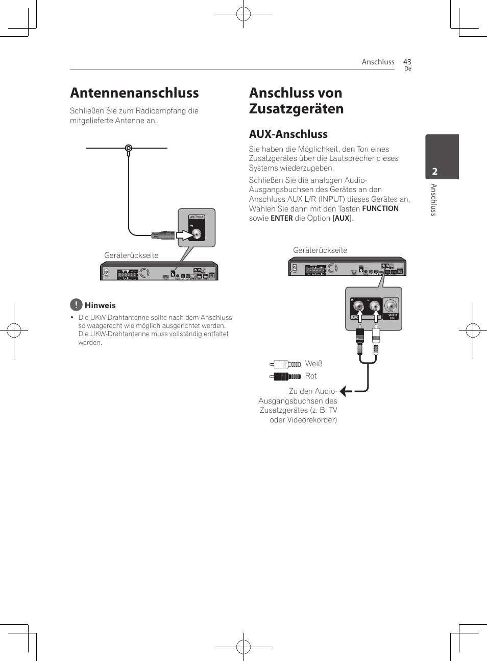 43 antennenanschluss 43, Anschluss von zusatzgeräten, 43 – aux-anschluss | Antennenanschluss, Aux-anschluss | Pioneer BCS-727 User Manual | Page 243 / 588