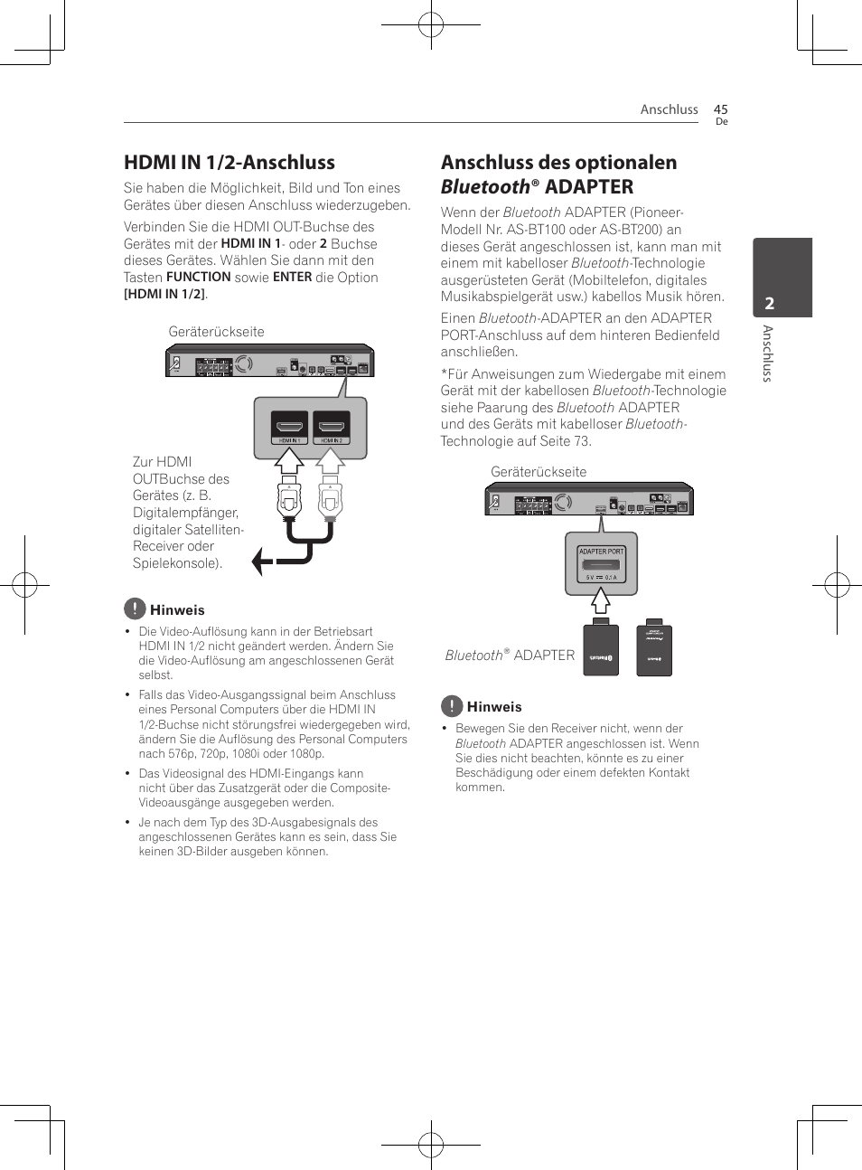 Hdmi in 1/2-anschluss, Anschluss des optionalen bluetooth ® adapter | Pioneer BCS-727 User Manual | Page 245 / 588