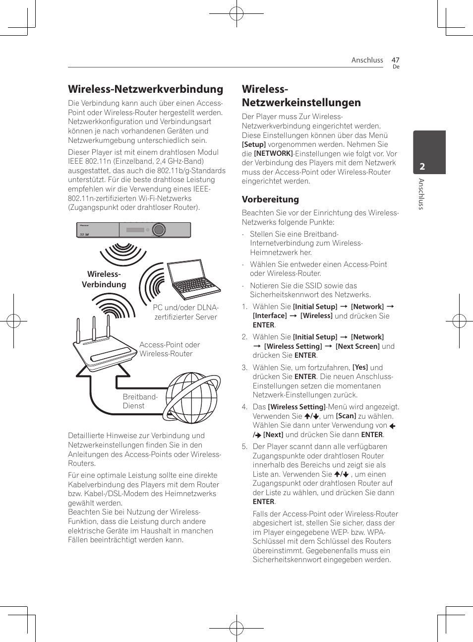 Wireless-netzwerkverbindung, Wireless-netzwerkeinstellungen, Wireless- netzwerkeinstellungen | Pioneer BCS-727 User Manual | Page 247 / 588