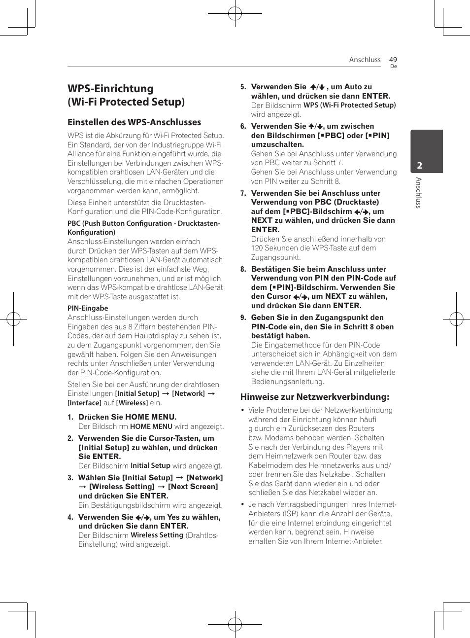 Wps-einrichtung (wi-fi protected setup), Einstellen des wps-anschlusses, Hinweise zur netzwerkverbindung | Pioneer BCS-727 User Manual | Page 249 / 588