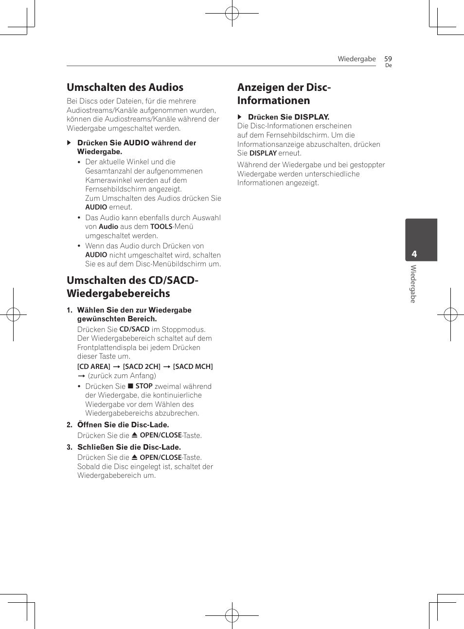 Umschalten des audios, Umschalten des cd/sacd- wiedergabebereichs, Anzeigen der disc-informationen | Anzeigen der disc- informationen | Pioneer BCS-727 User Manual | Page 259 / 588