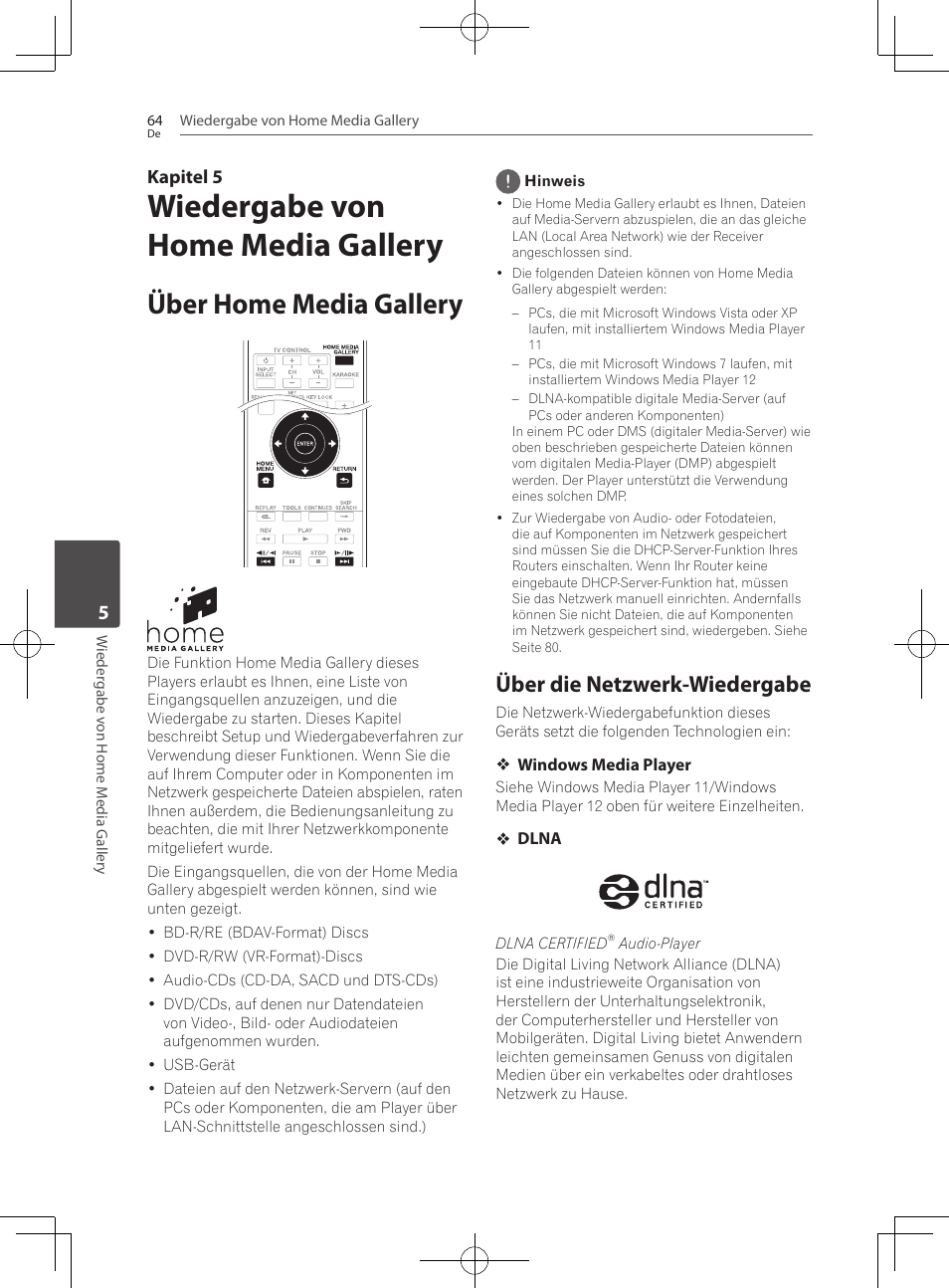 Über home media gallery, Über die netzwerk-wiedergabe, Wiedergabe von home media gallery | Kapitel 5 | Pioneer BCS-727 User Manual | Page 264 / 588