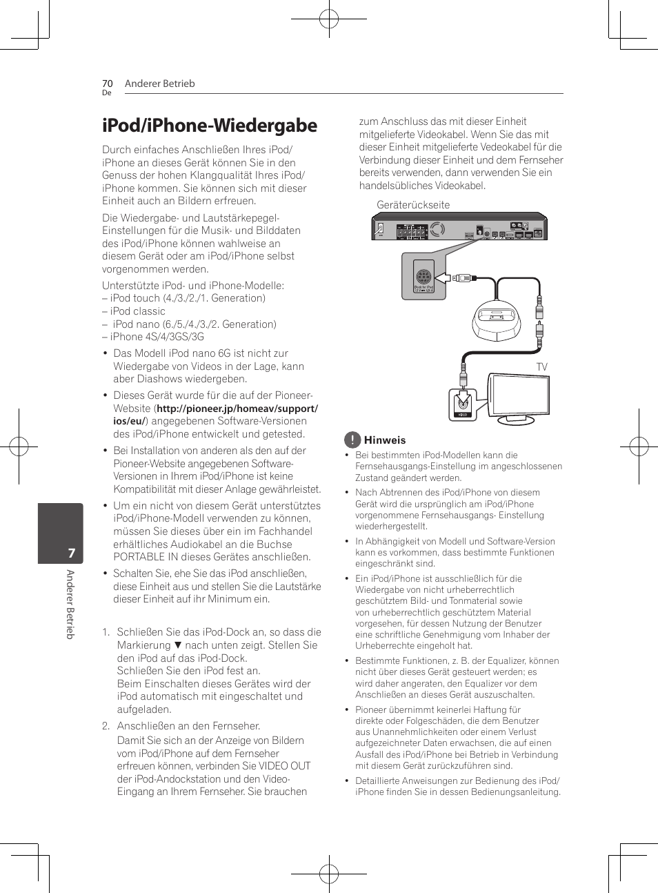 70 ipod/iphone-wiedergabe 70, Anschließen eines fernsehgerätes, Ipod/iphone-wiedergabe | Pioneer BCS-727 User Manual | Page 270 / 588