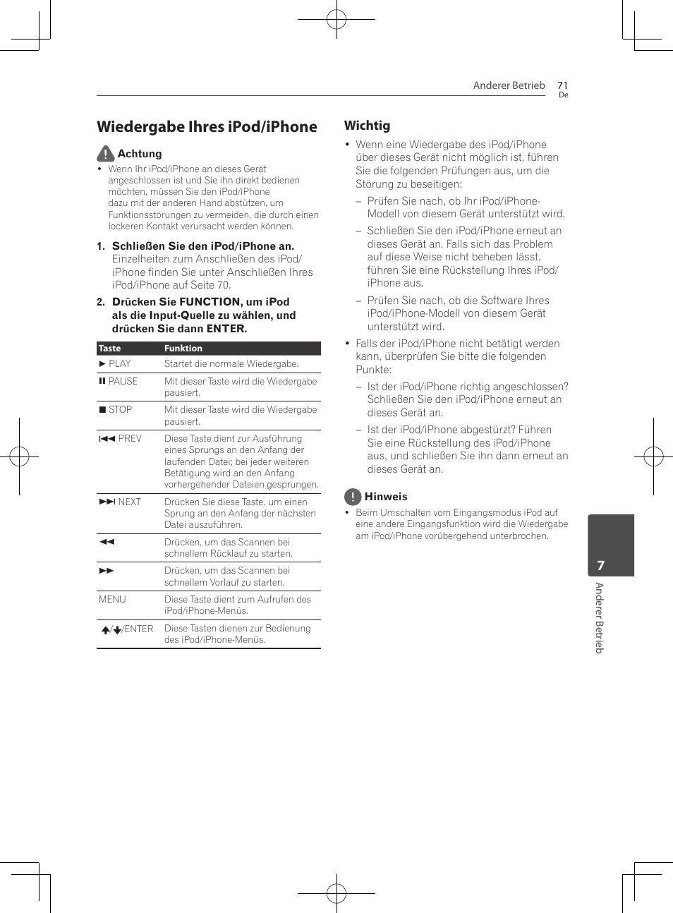 Wiedergabe ihres ipod/iphone, Wichtig | Pioneer BCS-727 User Manual | Page 271 / 588