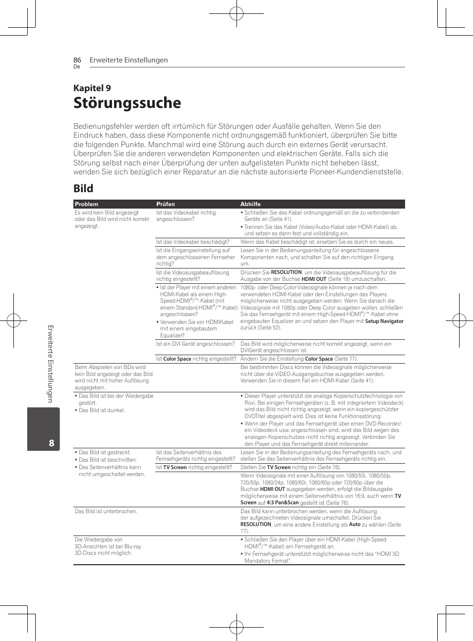 86 – bild, Störungssuche, Bild | Kapitel 9, Erweiterte einstellungen 86, Er w eit er te einst ellungen | Pioneer BCS-727 User Manual | Page 286 / 588