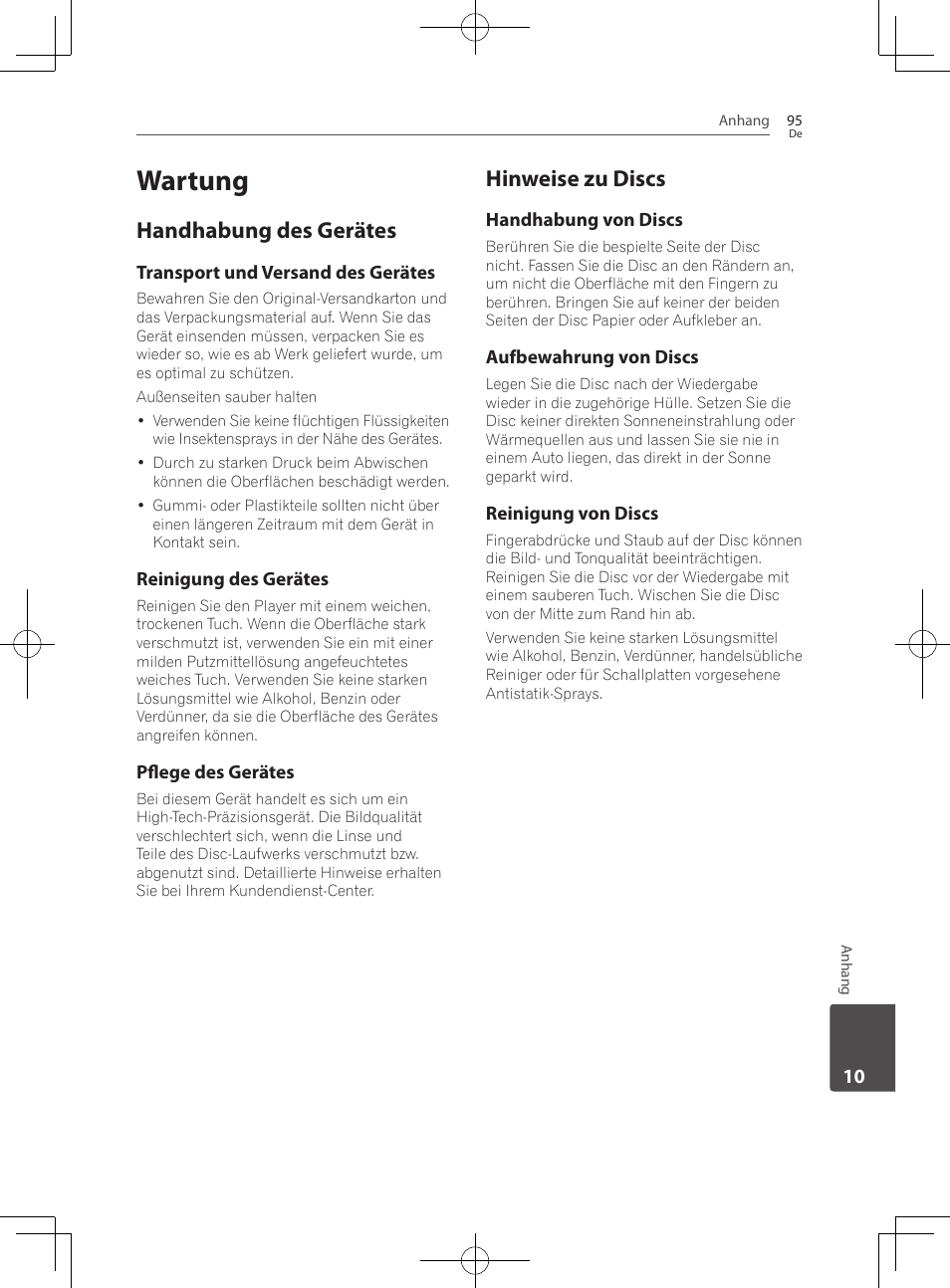95 wartung 95, Handhabung des gerätes, Hinweise zu discs | Wartung | Pioneer BCS-727 User Manual | Page 295 / 588