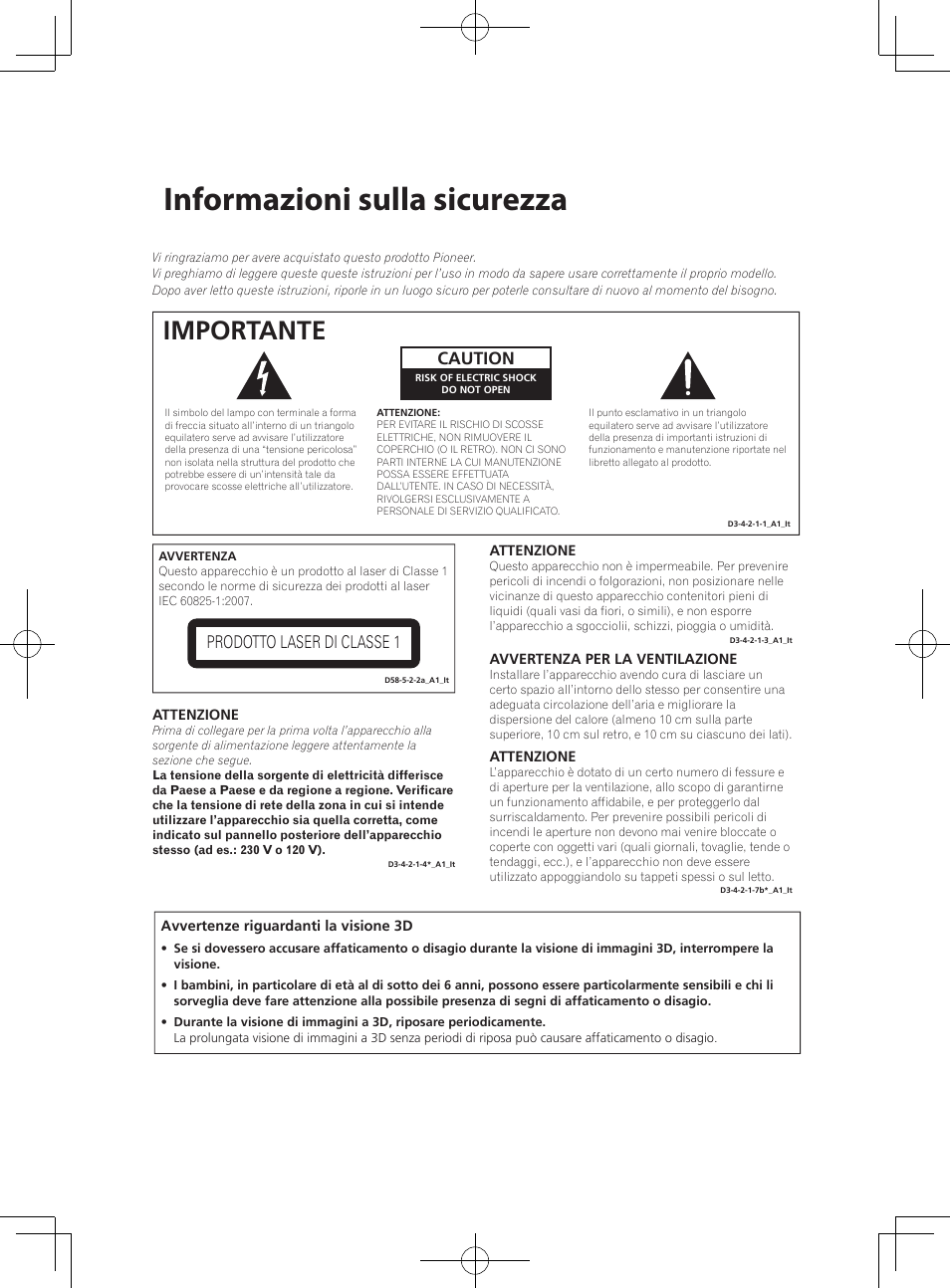 Informazioni sulla sicurezza, Importante, Caution | Prodotto laser di classe 1 | Pioneer BCS-727 User Manual | Page 298 / 588