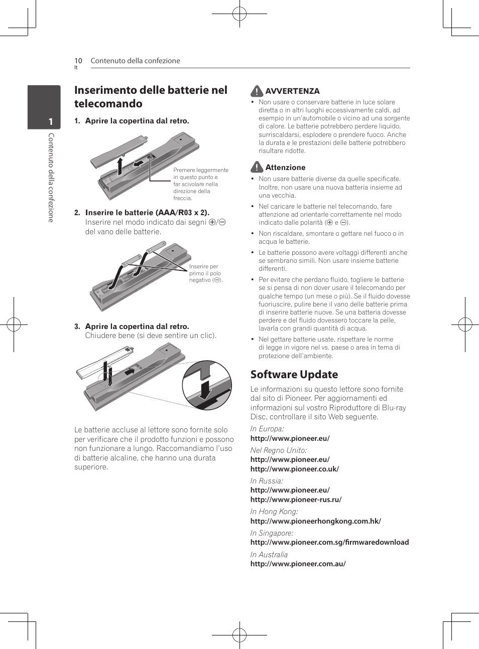 Inserimento delle batterie nel telecomando, Software update | Pioneer BCS-727 User Manual | Page 306 / 588