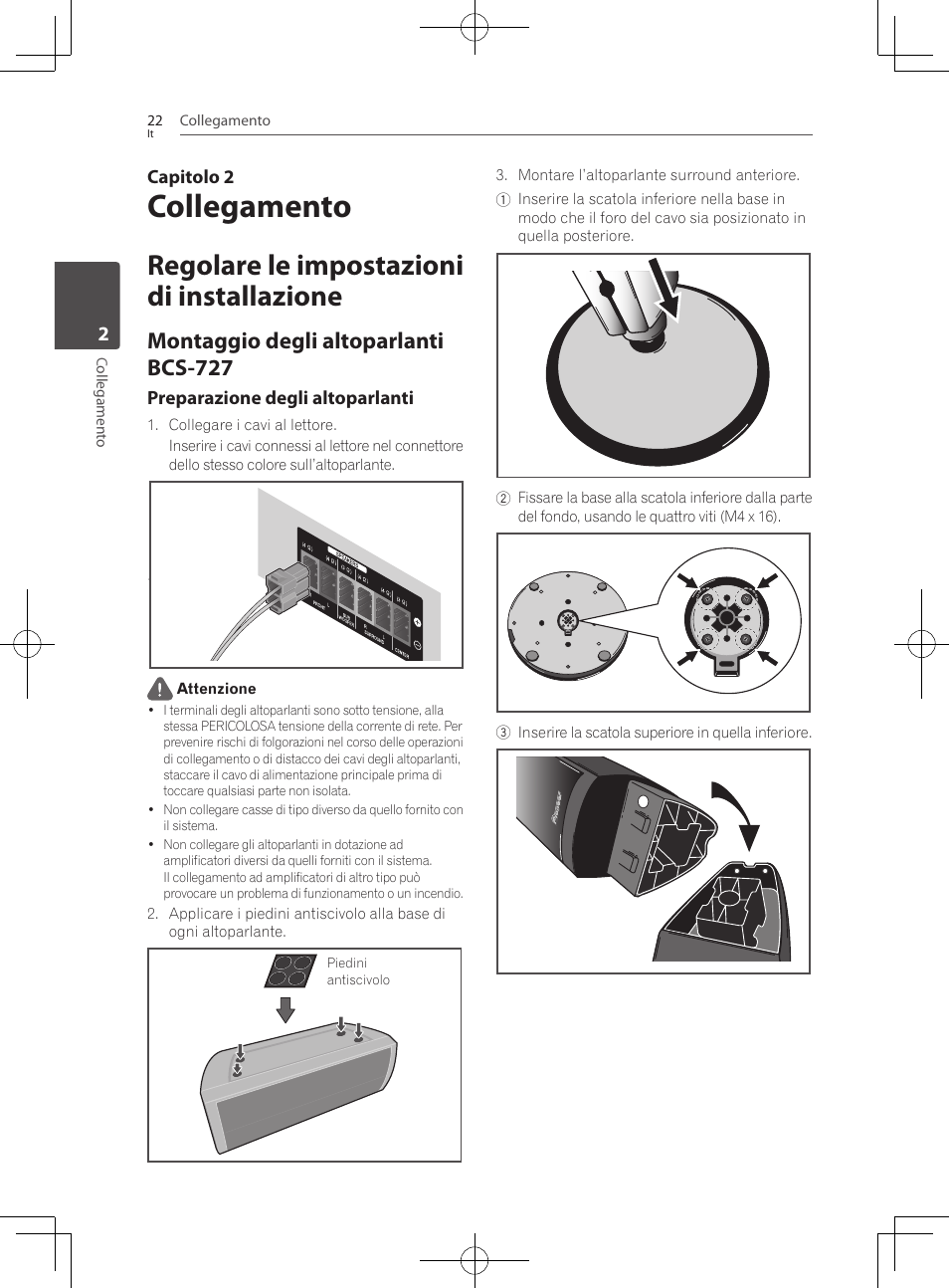 Regolare le impostazioni di installazione, Montaggio degli altoparlanti bcs-727, Collegamento | Pioneer BCS-727 User Manual | Page 318 / 588