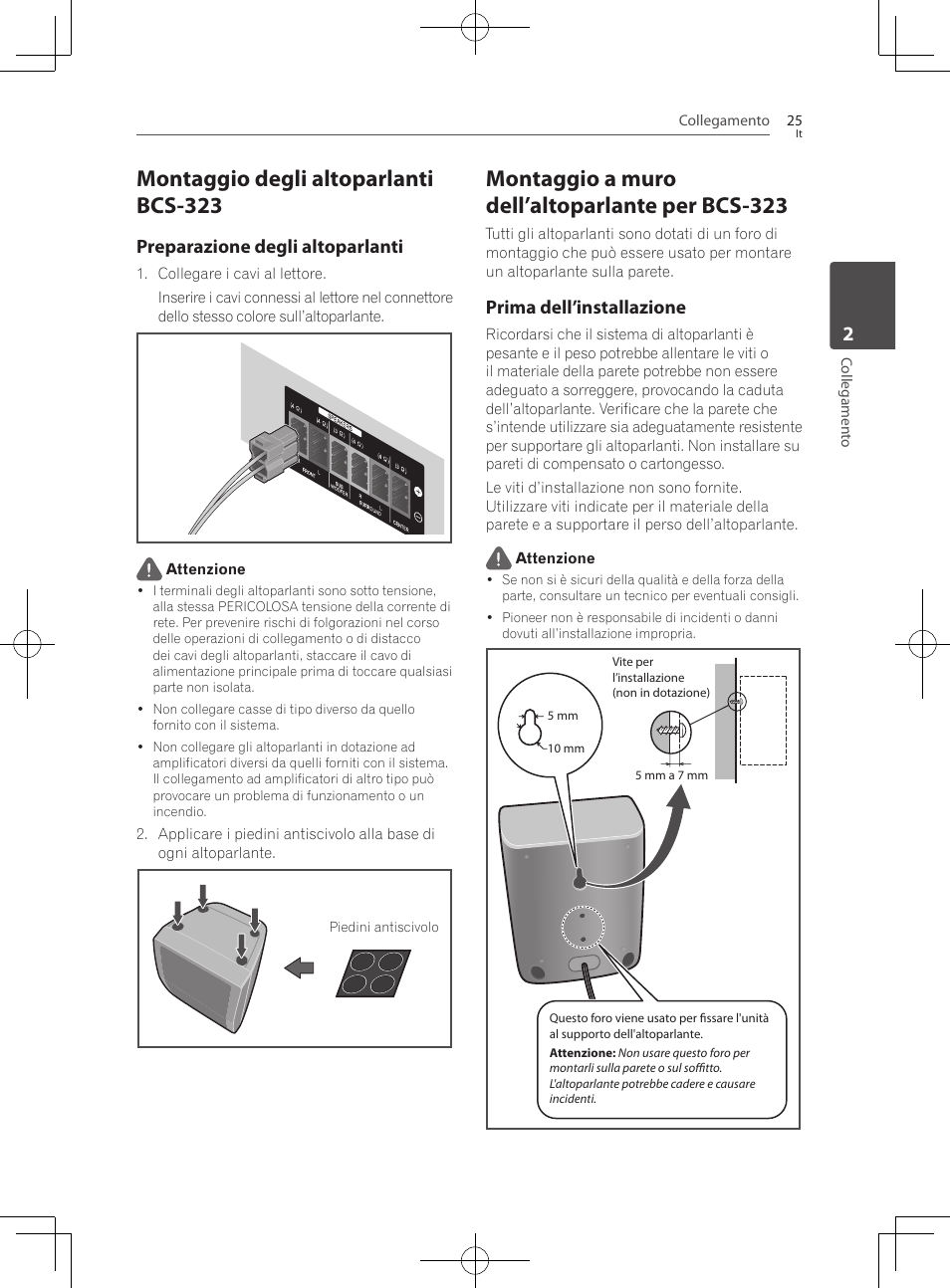 Montaggio degli altoparlanti bcs-323, Montaggio a muro dell’altoparlante per bcs-323, Preparazione degli altoparlanti | Prima dell’installazione | Pioneer BCS-727 User Manual | Page 321 / 588