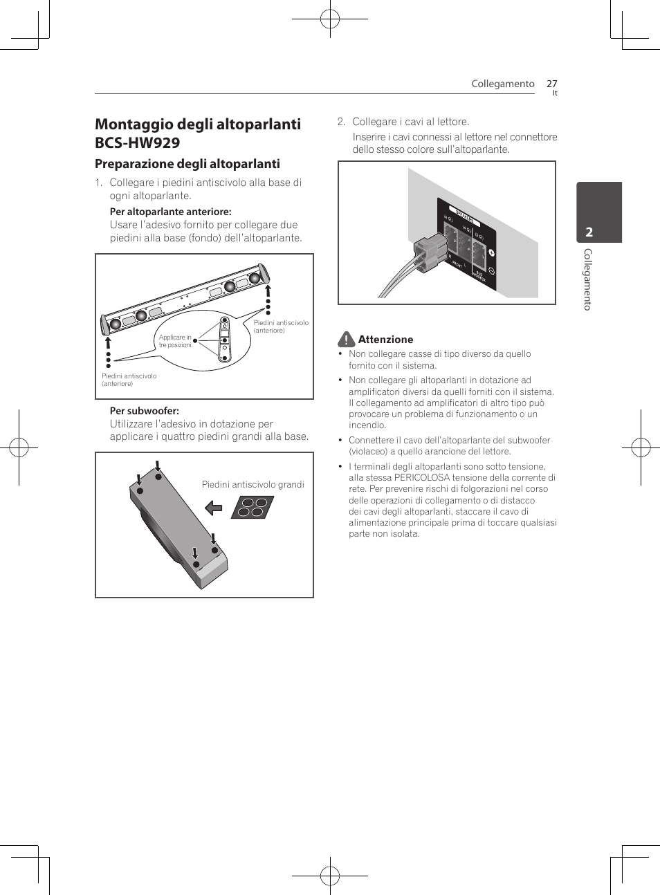 Montaggio degli altoparlanti bcs-hw929, Preparazione degli altoparlanti | Pioneer BCS-727 User Manual | Page 323 / 588