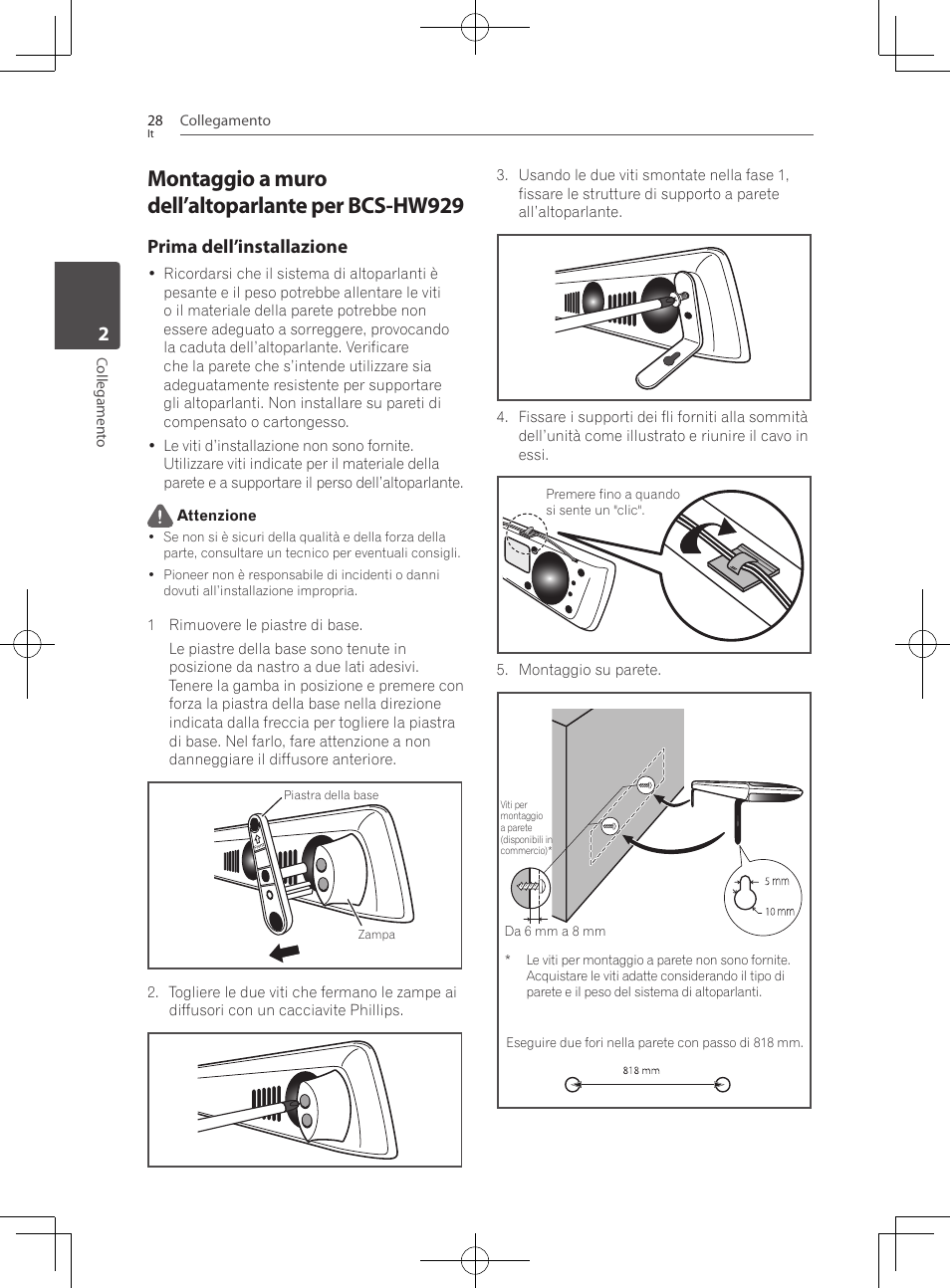 Montaggio a muro dell’altoparlante per bcs, Hw929, Montaggio a muro dell’altoparlante per bcs-hw929 | Prima dell’installazione | Pioneer BCS-727 User Manual | Page 324 / 588