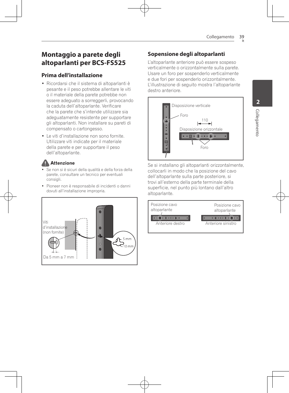 Montaggio a parete degli altoparlanti per bcs, Fs525, Prima dell’installazione | Sopensione degli altoparlanti | Pioneer BCS-727 User Manual | Page 335 / 588