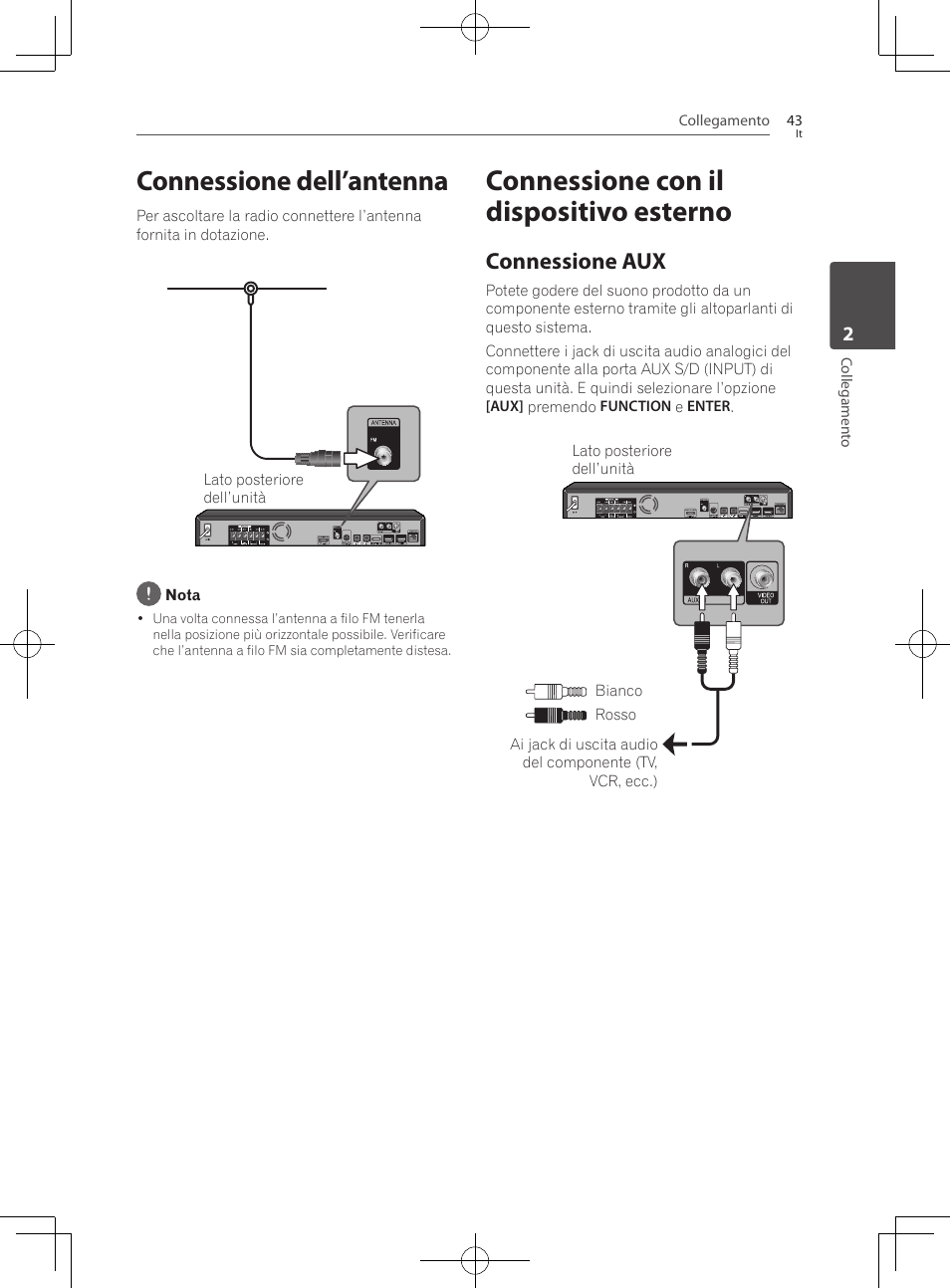 Connessione dell’antenna, Connessione con il dispositivo esterno, Connessione aux | Pioneer BCS-727 User Manual | Page 339 / 588