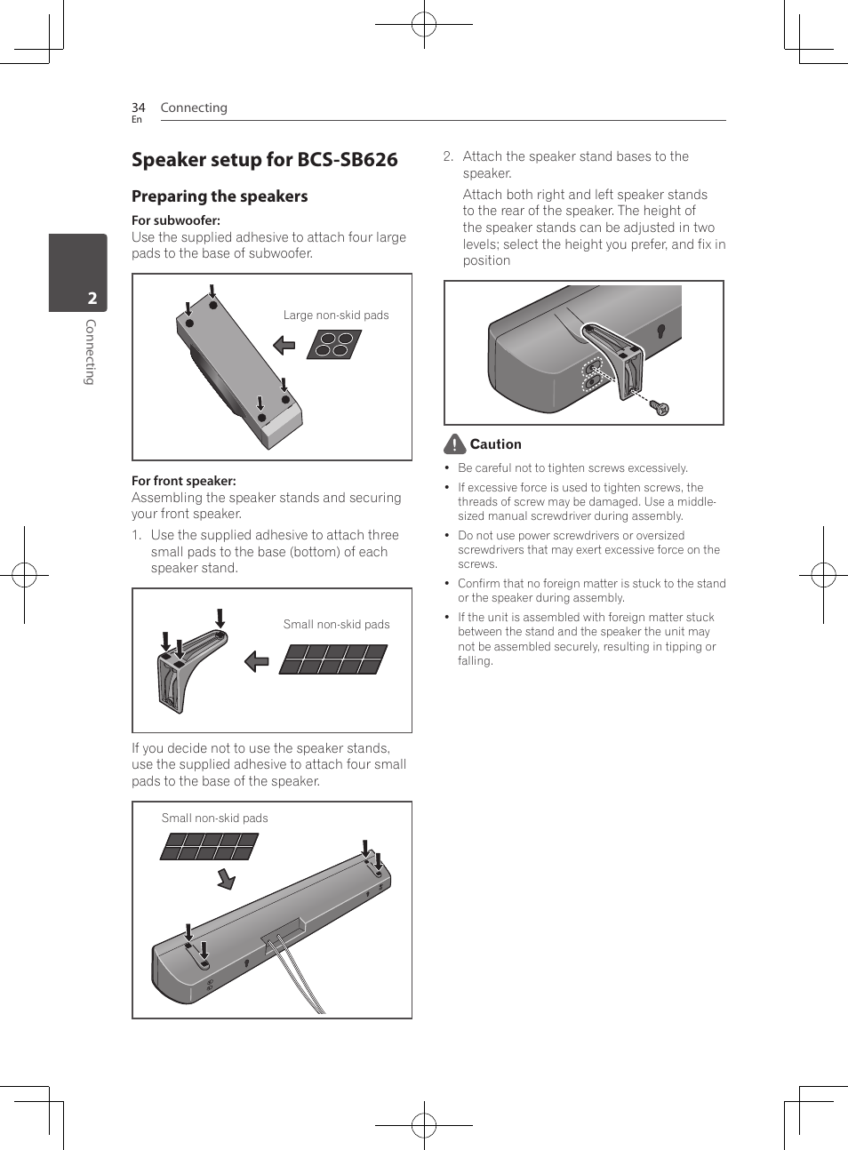 Speaker setup for bcs-sb626, Preparing the speakers | Pioneer BCS-727 User Manual | Page 34 / 588