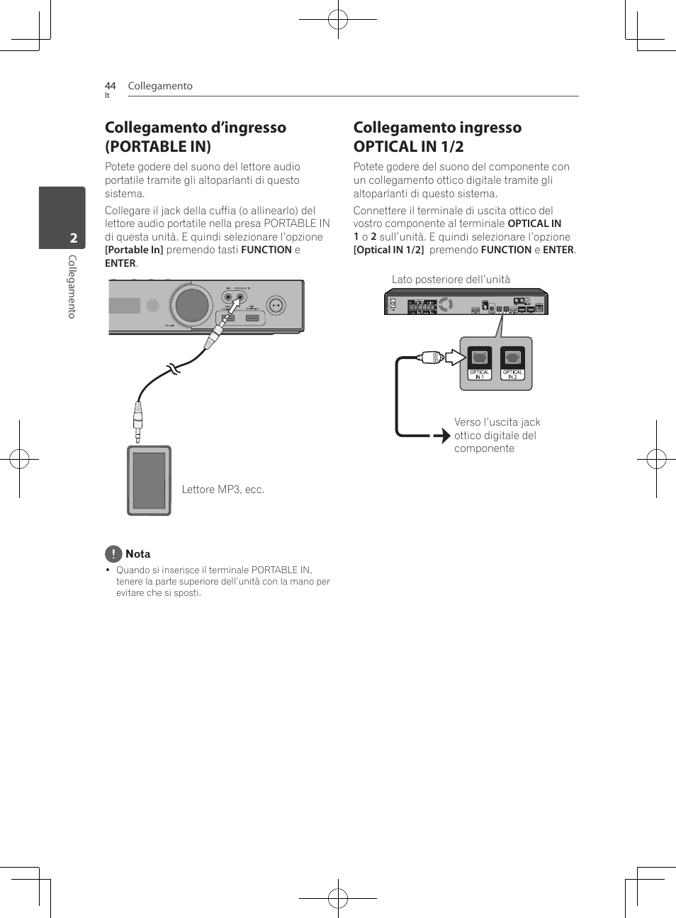 Collegamento d’ingresso (portable in), Collegamento ingresso optical in 1/2 | Pioneer BCS-727 User Manual | Page 340 / 588