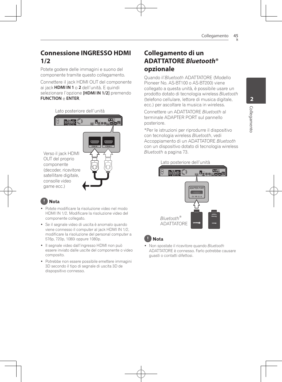 Connessione ingresso hdmi 1/2, Collegamento di un adattatore bluetooth, Opzionale | Pioneer BCS-727 User Manual | Page 341 / 588