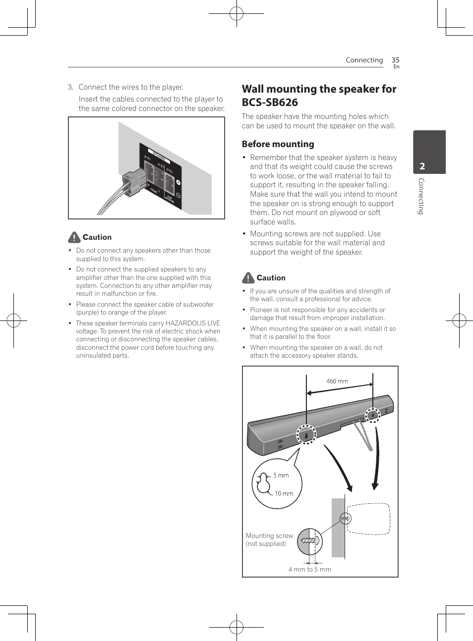 Wall mounting the speaker for bcs-sb626, Before mounting | Pioneer BCS-727 User Manual | Page 35 / 588