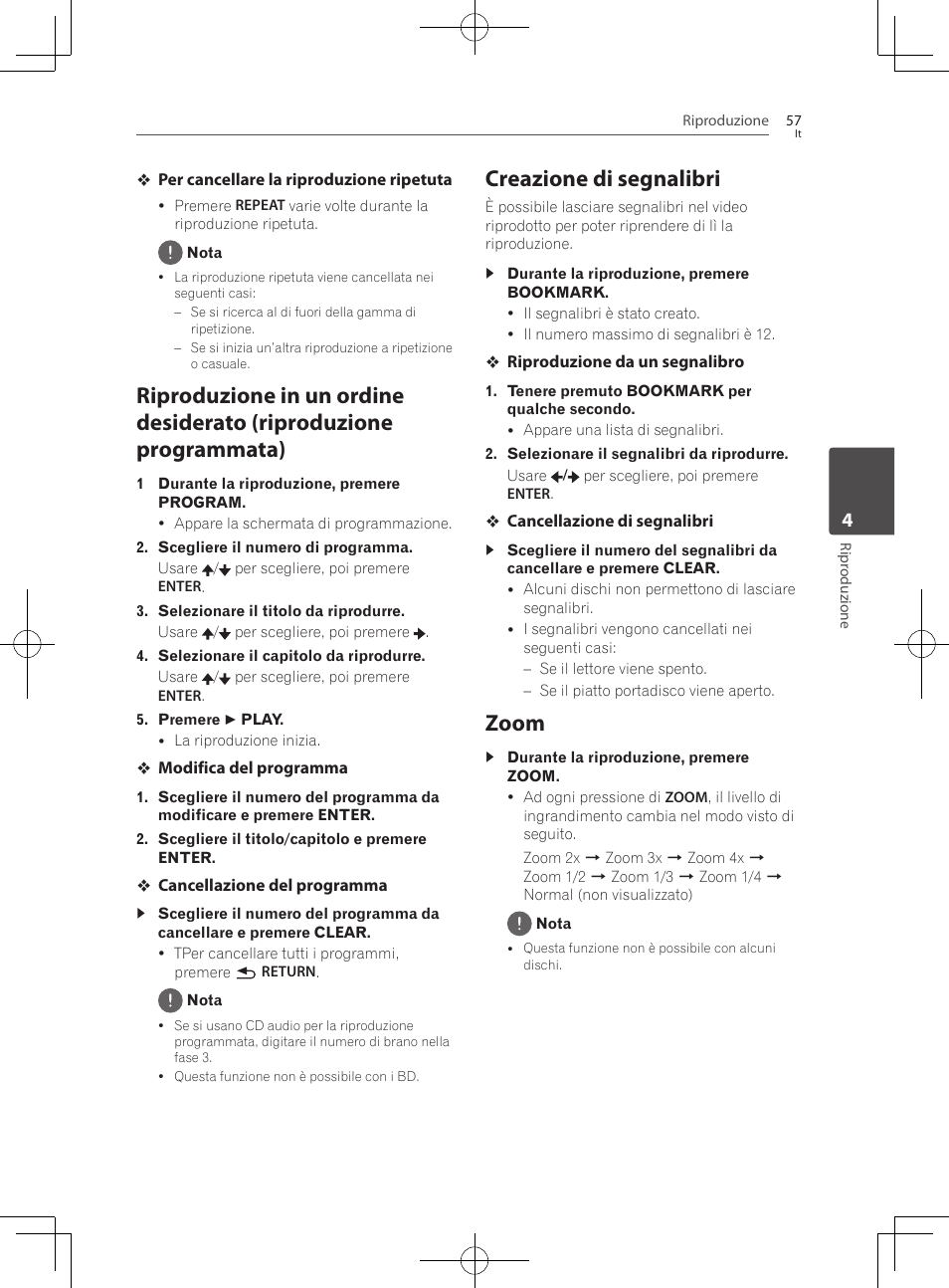 Riproduzione in un ordine desiderato, Riproduzione programmata), Creazione di segnalibri | 57 – zoom, Zoom | Pioneer BCS-727 User Manual | Page 353 / 588