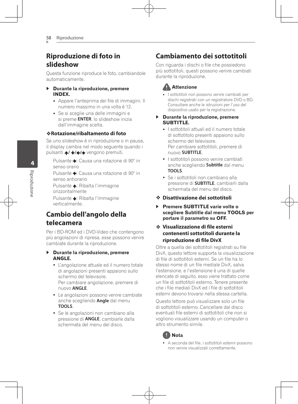 Riproduzione di foto in slideshow, Cambio dell’angolo della telecamera, Cambiamento dei sottotitoli | Pioneer BCS-727 User Manual | Page 354 / 588