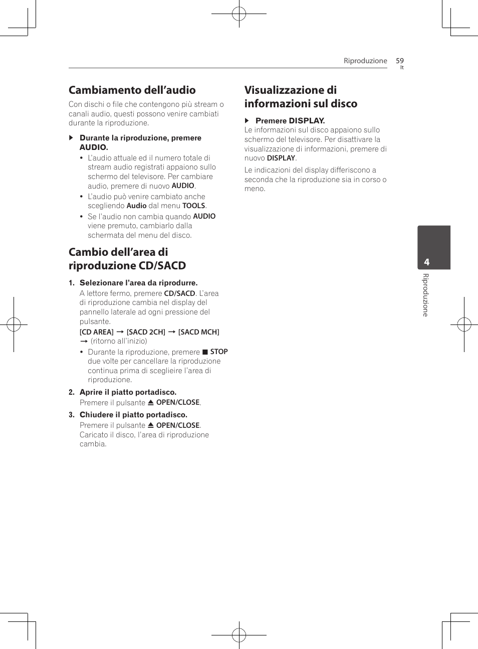 Cambiamento dell’audio, Cambio dell’area di riproduzione cd/sacd, Visualizzazione di informazioni sul disco | Pioneer BCS-727 User Manual | Page 355 / 588