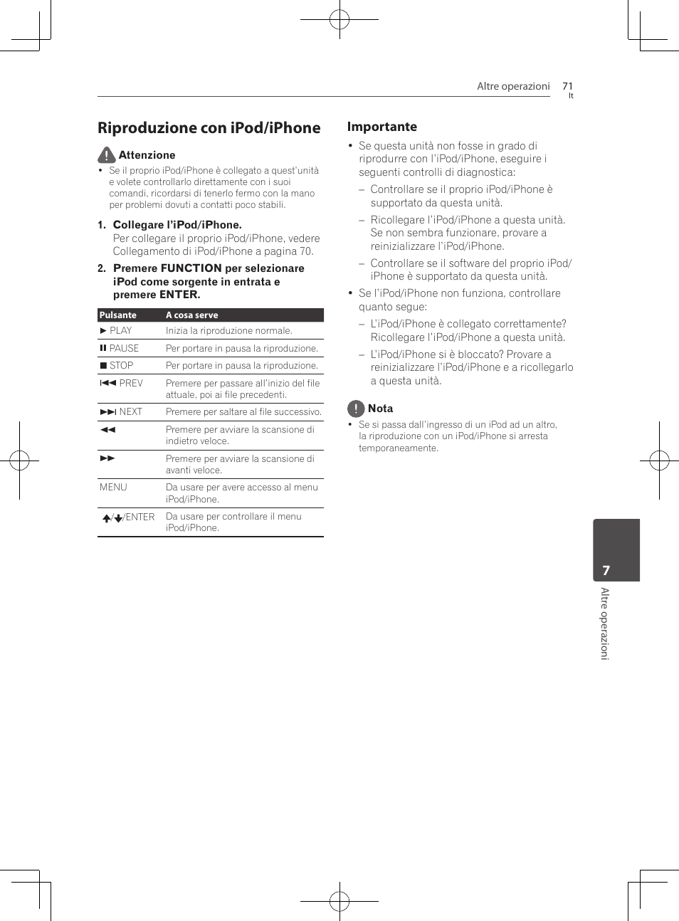 Riproduzione con ipod/iphone, Importante | Pioneer BCS-727 User Manual | Page 367 / 588