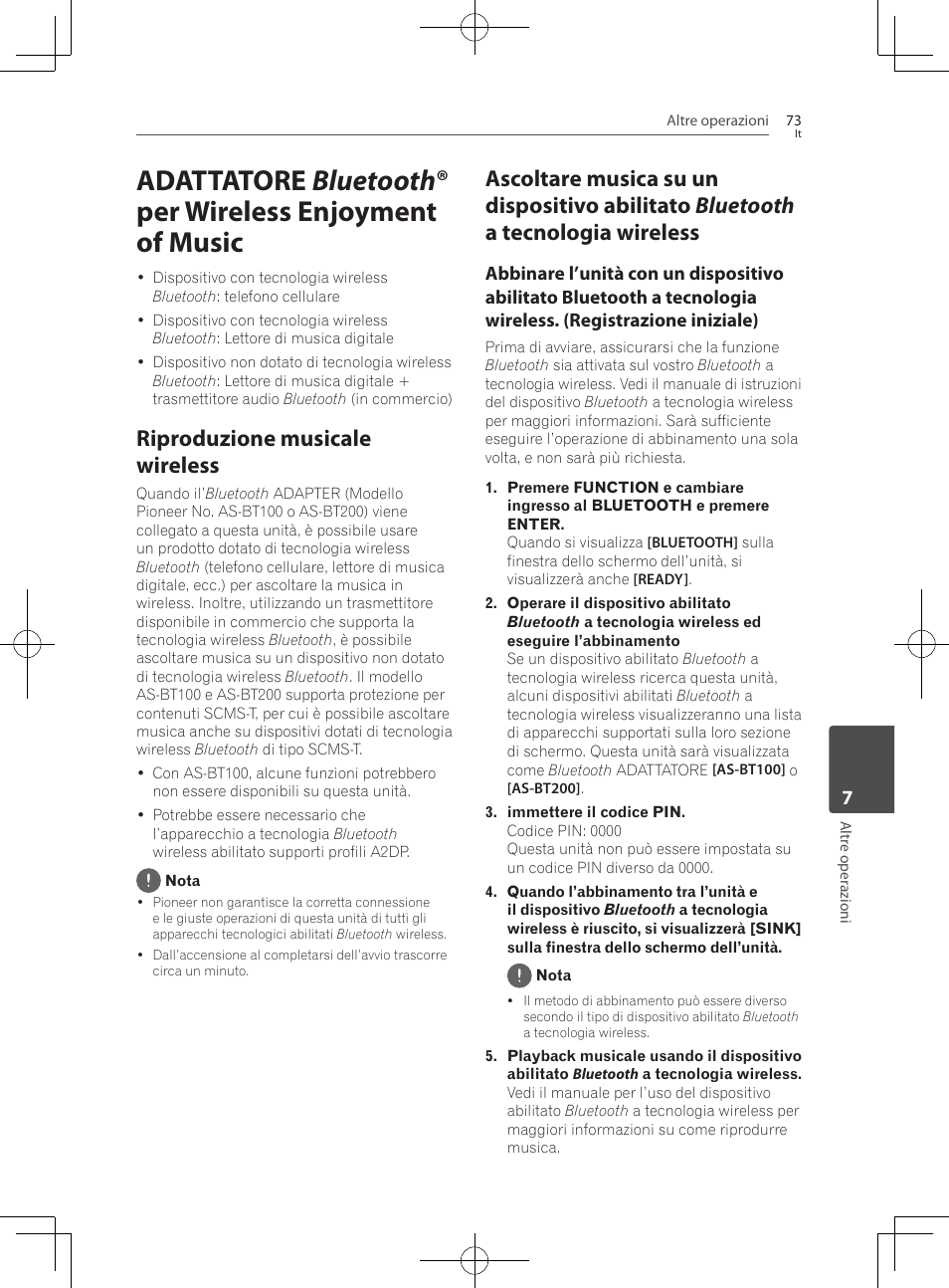 73 adattatore, Bluetooth ® per wireless enjoyment, Of music | Riproduzione musicale wireless, Ascoltare musica su un dispositivo abilitato, Bluetooth a tecnologia wireless | Pioneer BCS-727 User Manual | Page 369 / 588