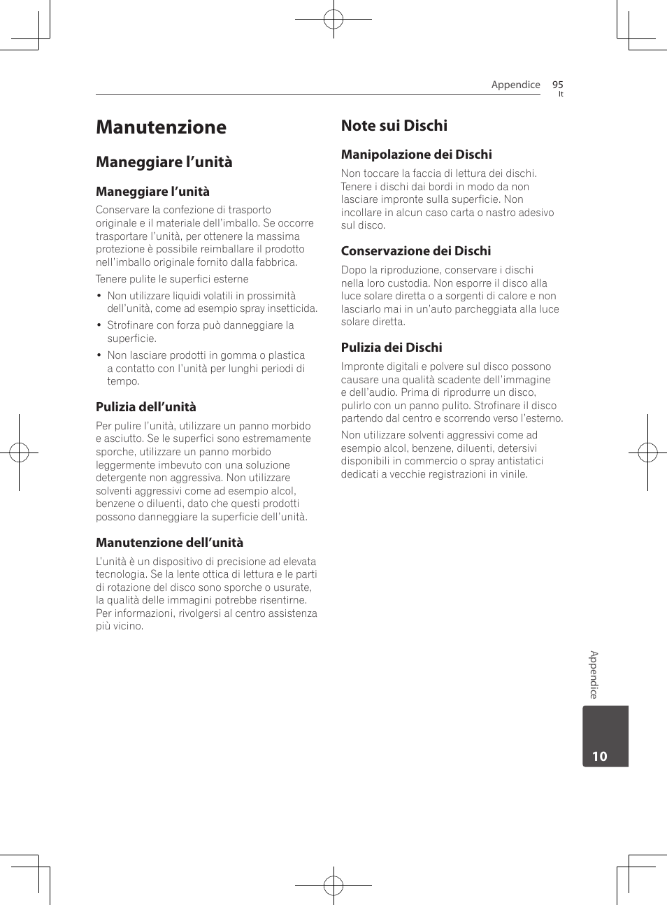95 manutenzione, Maneggiare l’unità, Note sui dischi | Manutenzione | Pioneer BCS-727 User Manual | Page 391 / 588