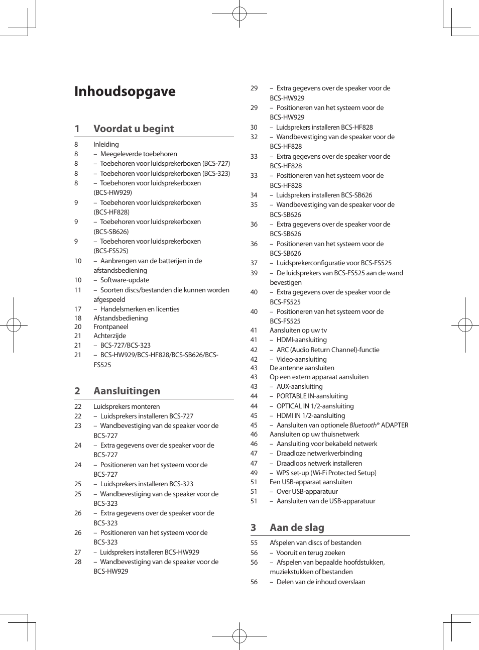 Blu-ray disc multikanaals systeem, Blu-ray disc receiver, Luidsprekersysteem | Er / altavoz de subgrave, Inhoudsopgave, 1 voordat u begint, 2 aansluitingen, 3 aan de slag | Pioneer BCS-727 User Manual | Page 398 / 588
