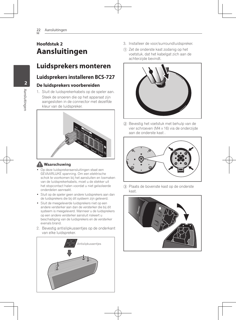 Luidsprekers monteren, Luidsprekers installeren bcs-727, Aansluitingen | Pioneer BCS-727 User Manual | Page 414 / 588