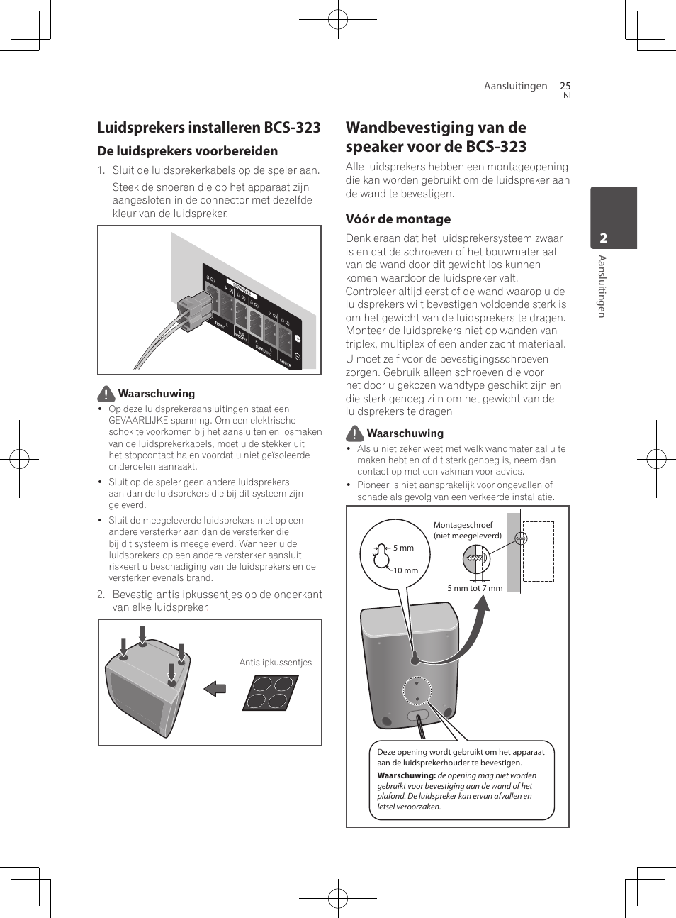 Luidsprekers installeren bcs-323, Wandbevestiging van de speaker voor de bcs-323, De luidsprekers voorbereiden | Vóór de montage | Pioneer BCS-727 User Manual | Page 417 / 588