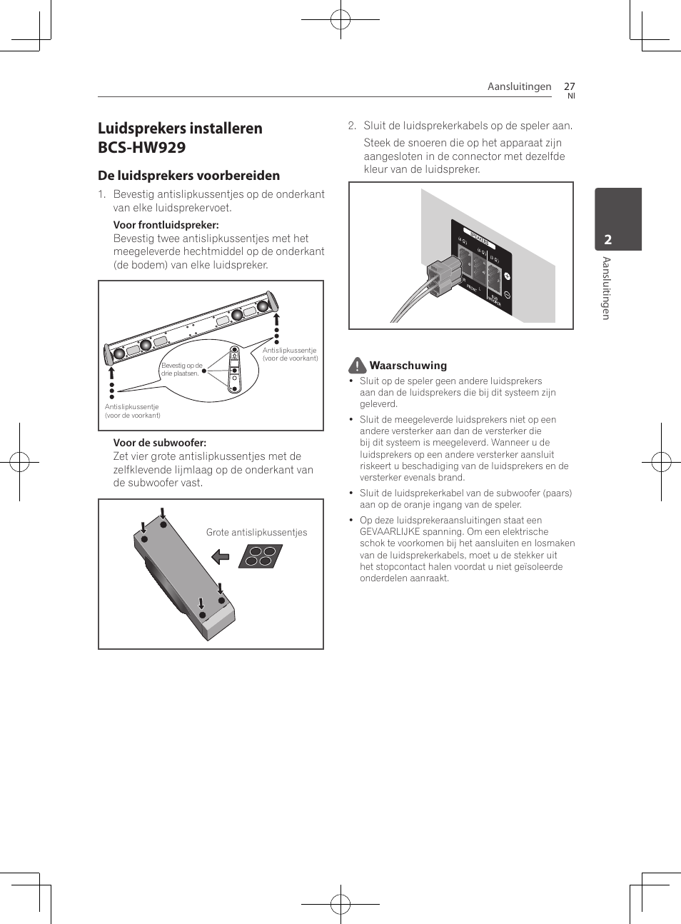 Luidsprekers installeren bcs-hw929, De luidsprekers voorbereiden | Pioneer BCS-727 User Manual | Page 419 / 588