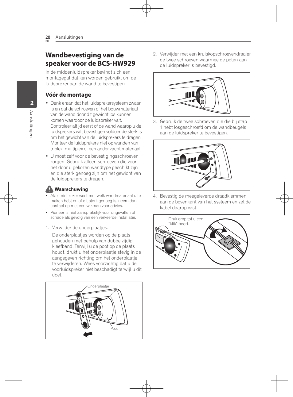 Wandbevestiging van de speaker voor de bcs-hw929, Vóór de montage | Pioneer BCS-727 User Manual | Page 420 / 588