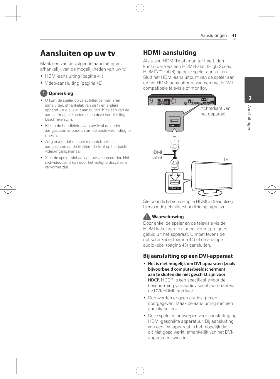 Aansluiten op uw tv, 41 – hdmi-aansluiting, Hdmi-aansluiting | Bij aansluiting op een dvi-apparaat | Pioneer BCS-727 User Manual | Page 433 / 588