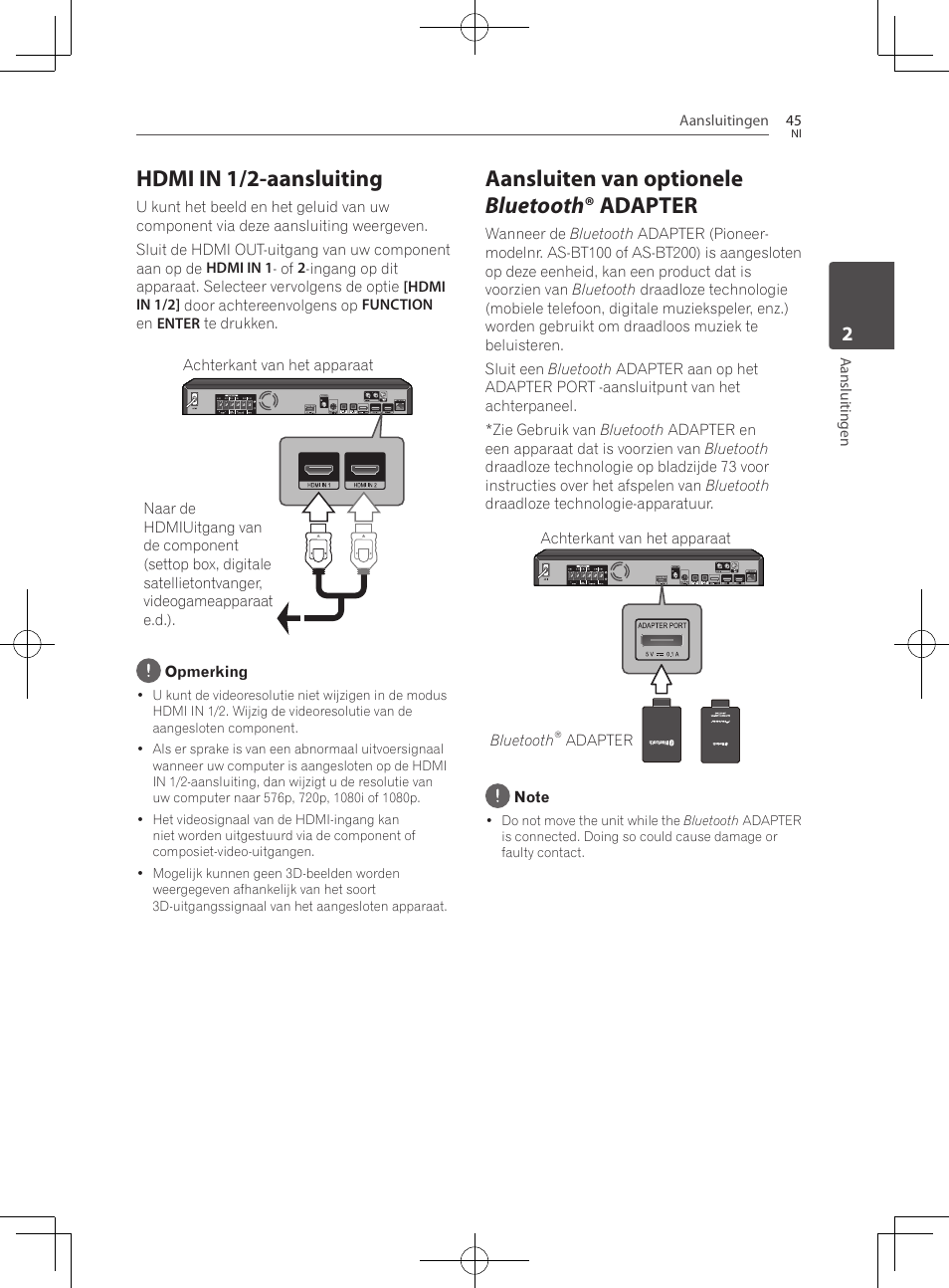 Hdmi in 1/2-aansluiting, Aansluiten van optionele bluetooth ® adapter | Pioneer BCS-727 User Manual | Page 437 / 588