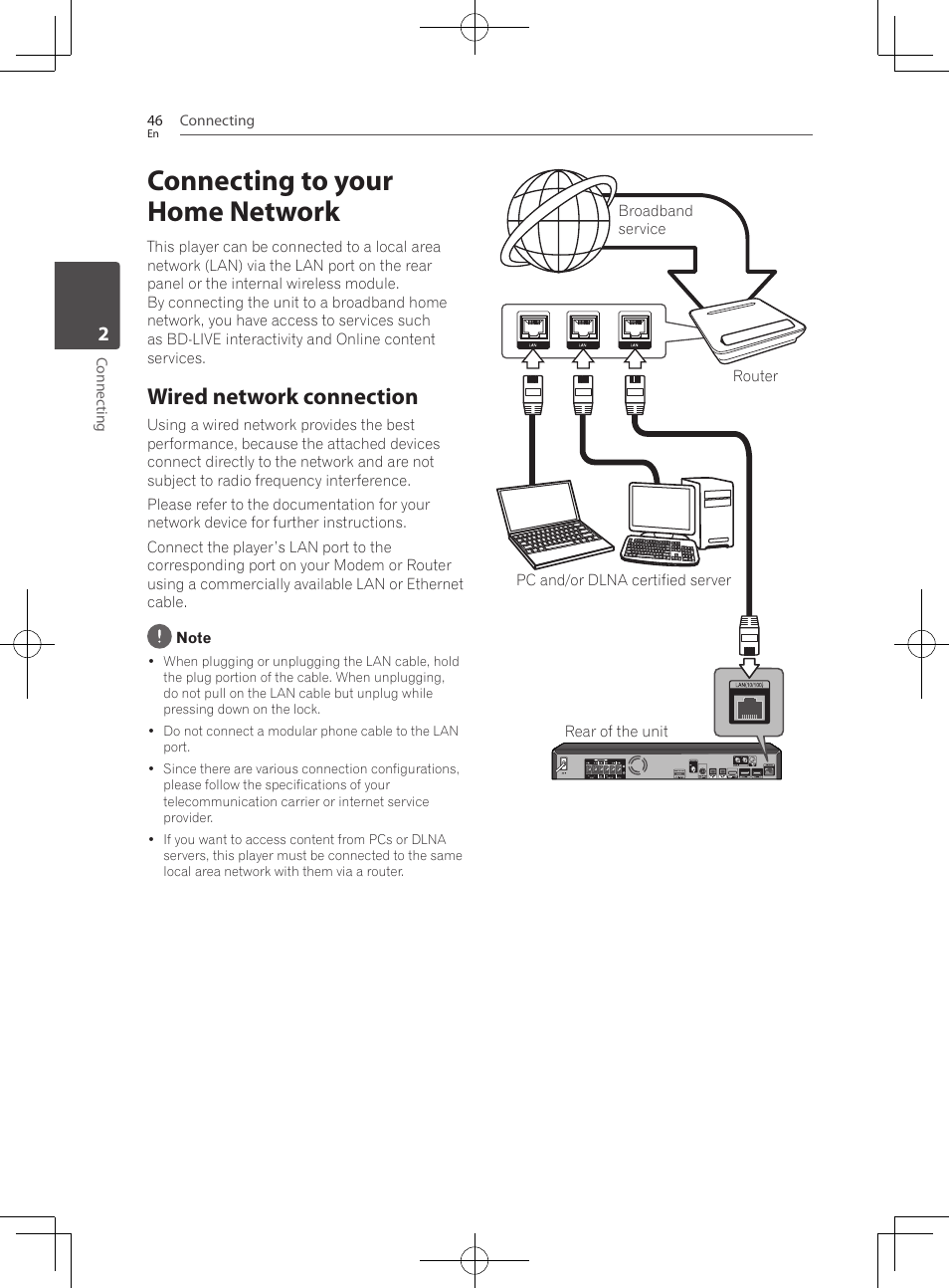 Connecting to your home network, Wired network connection | Pioneer BCS-727 User Manual | Page 46 / 588