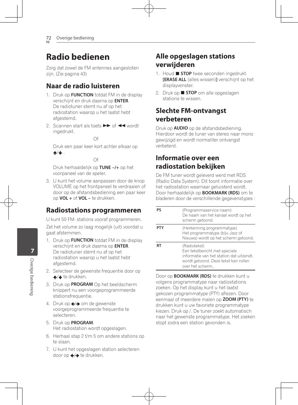 Radio bedienen, Naar de radio luisteren, Radiostations programmeren | Alle opgeslagen stations verwijderen, Slechte fm-ontvangst verbeteren, Informatie over een radiostation bekijken | Pioneer BCS-727 User Manual | Page 464 / 588
